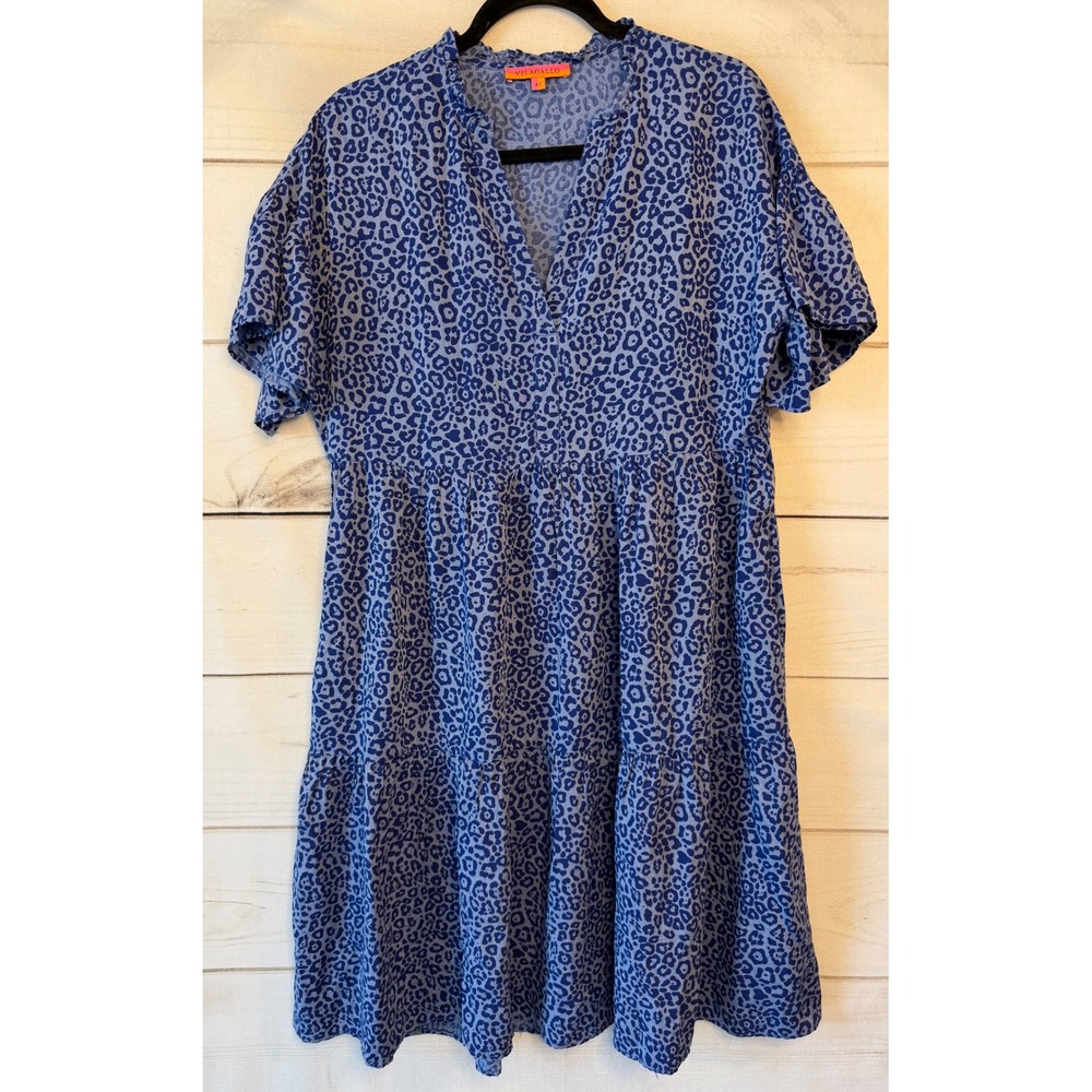 Vilagallo Blue Leopard Print Tiered Mini Dress Ruffle Neck Viscose Size 42